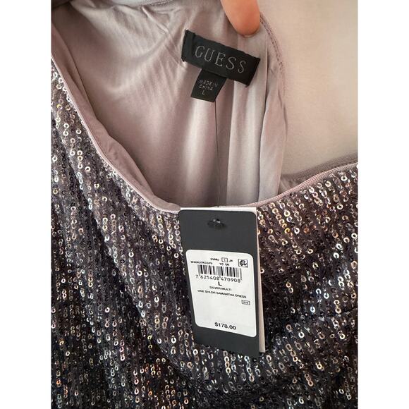 GUESS Sequin One Shoulder Samantha Party Dress Holiday NYE Sparkle Silver L NWT - Picture 3 of 6